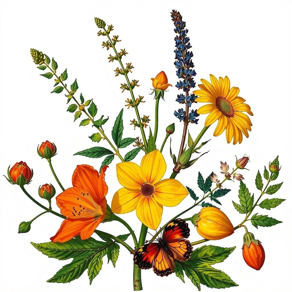 Ilustrație cu plante medicinale și ierburi aromate