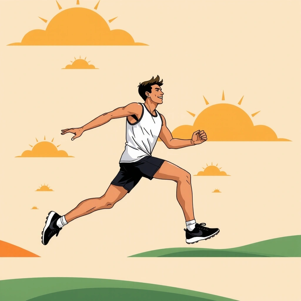 Ilustrație cu o persoană energică alergând, cu soarele la orizont