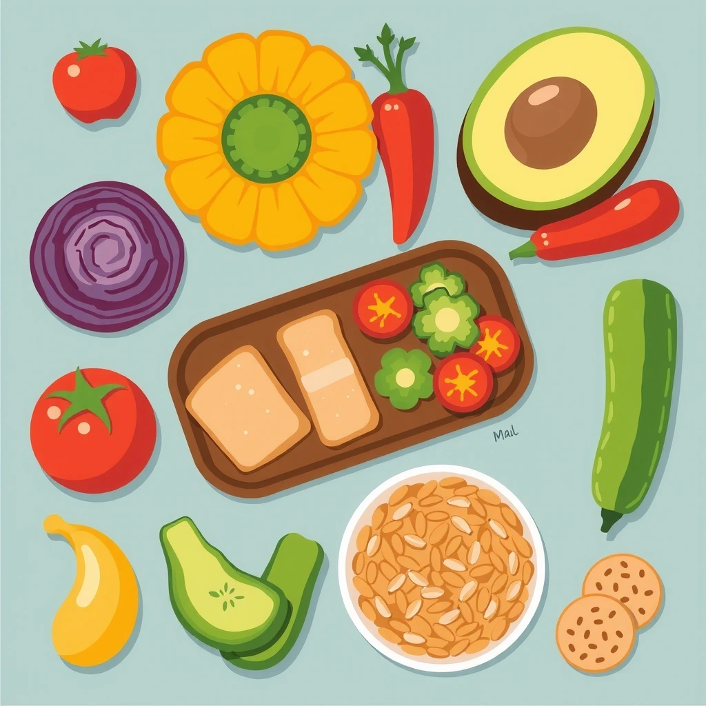 Ilustrație cu alimente sănătoase și o masă echilibrată