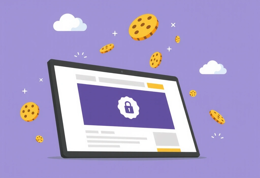 Ilustrație cu un browser web și iconițe de cookie-uri